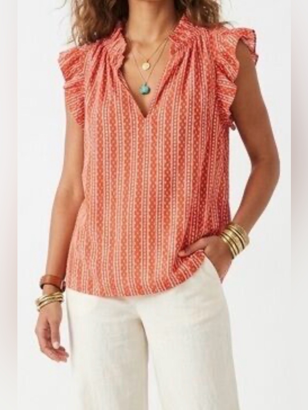 Sundance Red Patterned Ruffle Sleeve Blouse size M boho cottage core indie